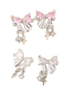 Crystal Bow Earrings – Silver Cute Bow Studs with Dangling Charms, Clear & Pink CZ Gemstones