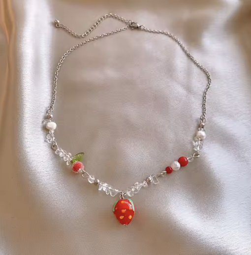 Silver Strawberry Pearl Charm Necklace