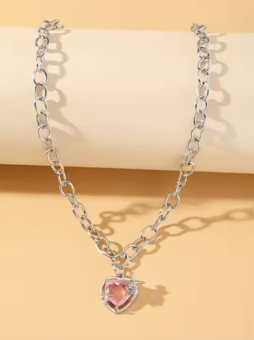 Silver Chain Pink Heart Necklace