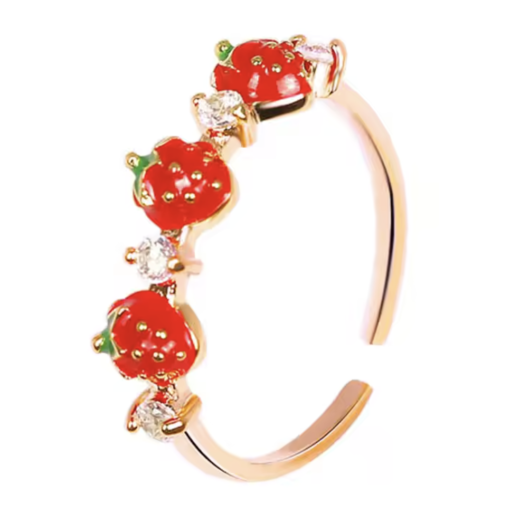 Preppy Strawberry Adjustable Ring - Dainty Gold-Plated Open Band with Enamel Strawberries and Sparkling Crystals