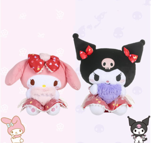 Kuromi or My Melody 13.4" Plush - Heart Print Dress with Tulle and Matching Red Heart Bows