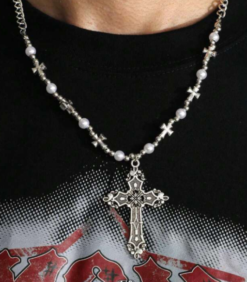 Choker Necklace With Vintage Cross Pendant & Bead Decoration