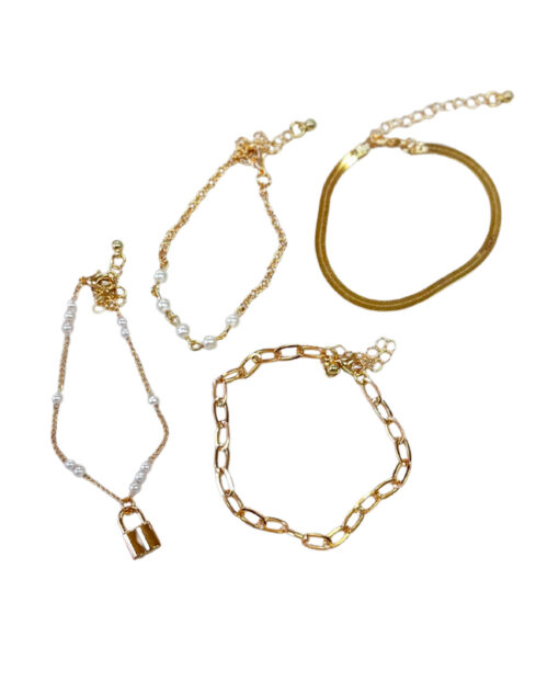 4 Pack Elegant Gold Lock Bracelet Set with Pearls