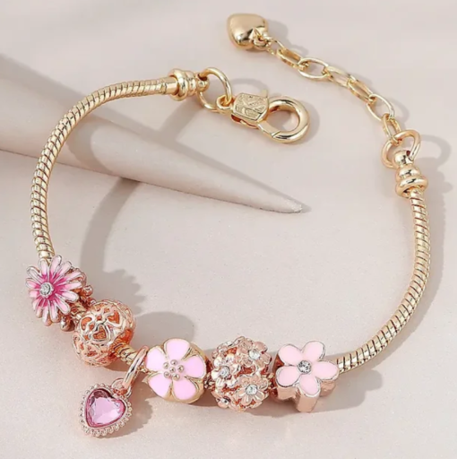 Rose Gold Plated Bracelet With Pink Flowers And Heart