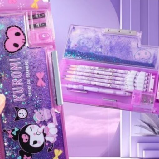 Sanrio Glitter Pencil Box with Built in Pencil Sharpener, Pochacco, Kuromo, My Melody Cinnamoroll