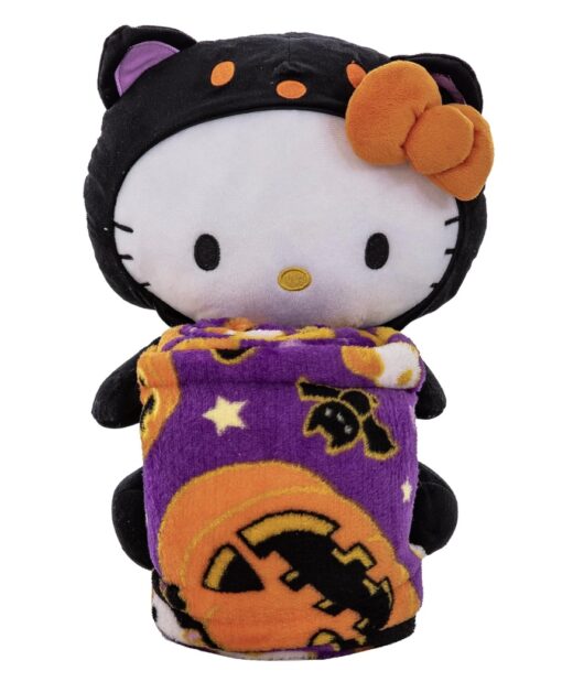 Hello Kitty Black Cat Plush Doll & Silk Throw Halloween Blanket Combo Set