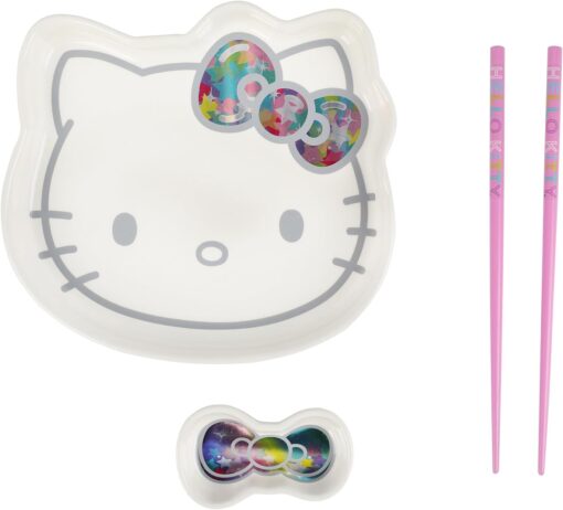 Hello Kitty Character Head Sushi Plate With Bow Sauce Tray & Pink Chopsticks