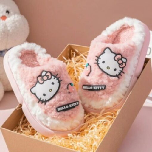 Hello Kitty Pink Rubber Sole Slippers Warm Fuzzy