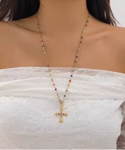 VersaGem Mulit-Color Crystal Cross Necklace – Gold-Plated Thin Chain | Handmade| Multi-Style Fashion Jewelry for Women|