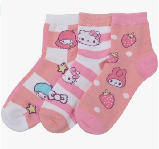Hello Kitty & Friends Character Print Women’s 3-Pair Casual Quarter Crew Socks