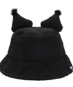 Kuromi Short Fur Novelty Ears Bucket Hat with Woven Label
