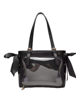Silk Bow Accent Ita Bag with Mesh Pin Insert, Clear Front Pocket, Japanese Style Crossbody Purse