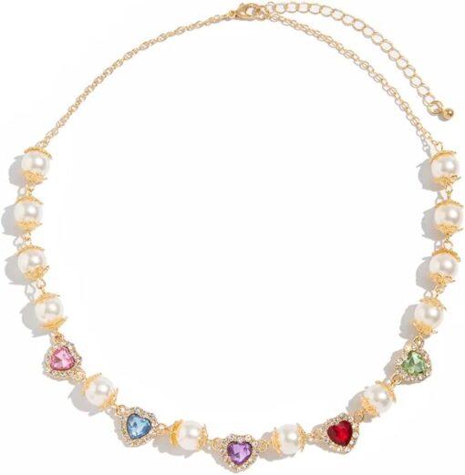 Royal Heart Pearl Necklace – Luxe Statement Jewelry with Radiant Rainbow Gemstones & Pearls for Women & Men, Vintage-Inspired Elegant Choker