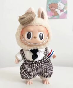 Mini Outfits For Labubu & 7-8" Plushies | Cute Black and White Overalls with Beret Accessory