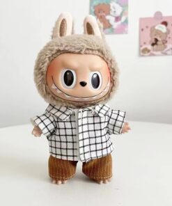 Mini Outfits For Labubu & 7-8" Plushies | Cute Black Plaid Shirt with Brown Pants