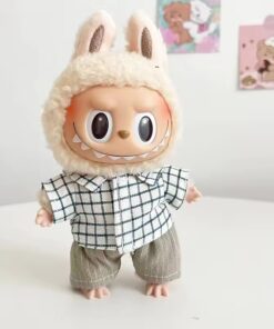 Mini Outfits For Labubu & 7-8" Plushies |  Cute Black Plaid Shirt with Grey Pants