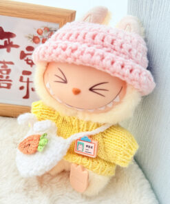 Mini Outfits For Labubu & 7-8" Plushies| Woven Yellow Sweater with Pink Hat and White Tote