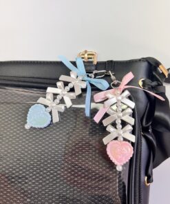 Cute 2 Piece Bag Charms Blue and Pink Rose Heart