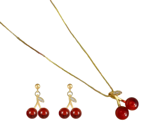 Golden Cherry Charm Necklace & Earrings Set