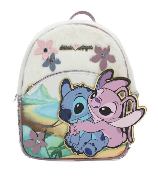Stitch and Angel Mini Backpack 3D Applique Faux Fur Metal badge Sequins & faux fur