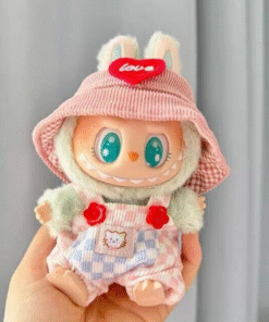 Pink Checkered Overalls With Pink Bucket Hat | Mini Outfits For Labubu & 7-8" Plushies
